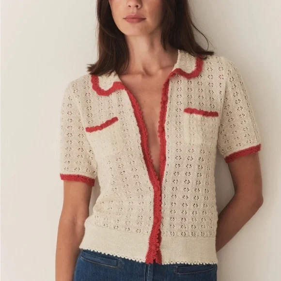Doen Gloriana Alpaca Silk Collar Crochet Knit Button Sweater Top Moonstone Red - Picture 3 of 14